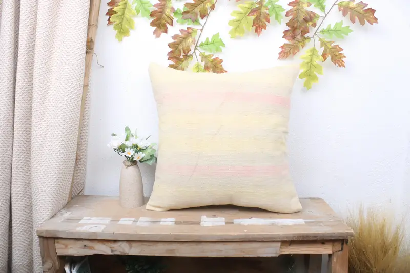 Vintage Kilim Throw Pillow, Turkish Corner Pillow Cover, Cushion, Boho Pillow Sham Cover, 18x18 Beige Pillow Sham, Throw Kilim Pillow - 1