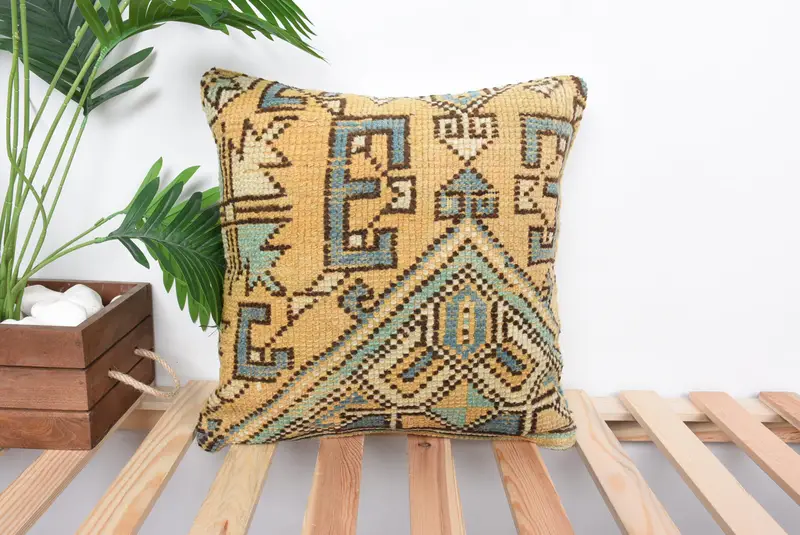 Almohada de tiro bordada marrón y verde, almohada geométrica hecha a mano