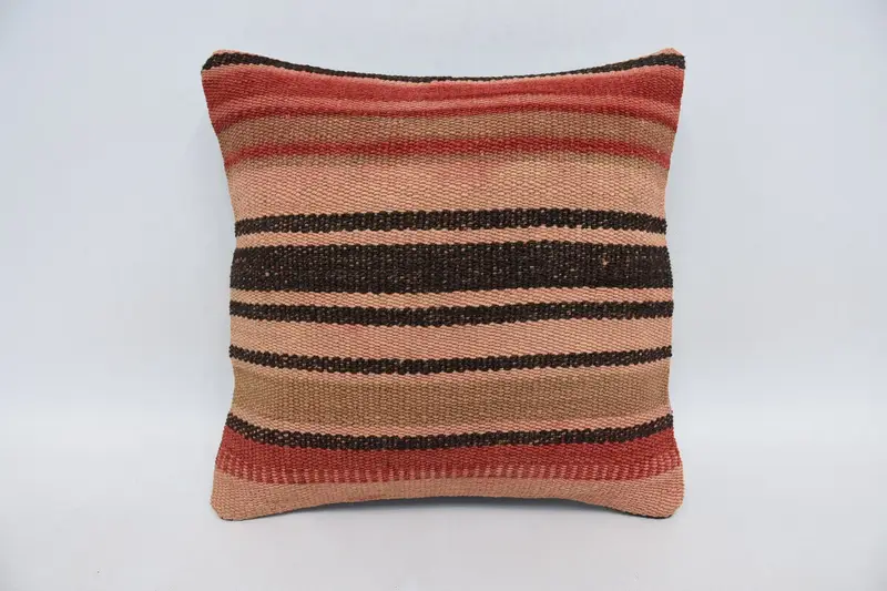 Red Turkish Antique Cushion Case, 14x14 inch Anniversary Gift Small Square Striped Pillow Case - 1