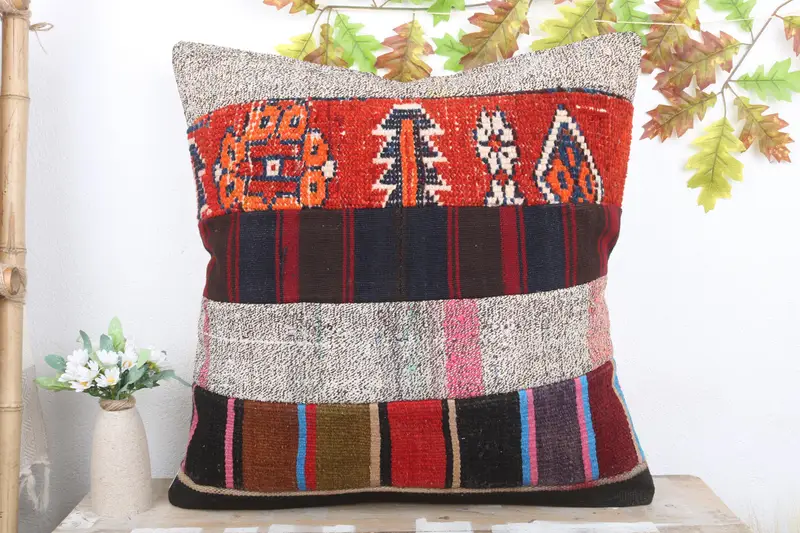 Kilim Cushion Sham, Turkish Kilim Pillow, 24x24 Red Cushion Case, Vintage Kilim Throw Pillow, Armchair Pillow Case, Pillow Cover - 2