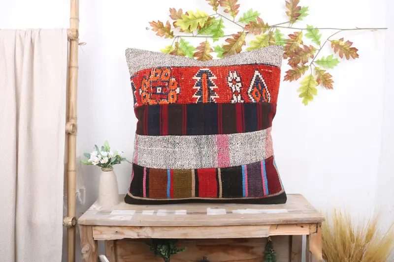 Kilim Cushion Sham, Turkish Kilim Pillow, 24x24 Red Cushion Case, Vintage Kilim Throw Pillow, Armchair Pillow Case, Pillow Cover - 1