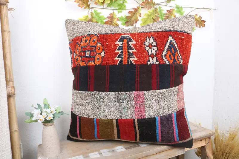 Kilim Cushion Sham, Turkish Kilim Pillow, 24x24 Red Cushion Case, Vintage Kilim Throw Pillow, Armchair Pillow Case, Pillow Cover - 4