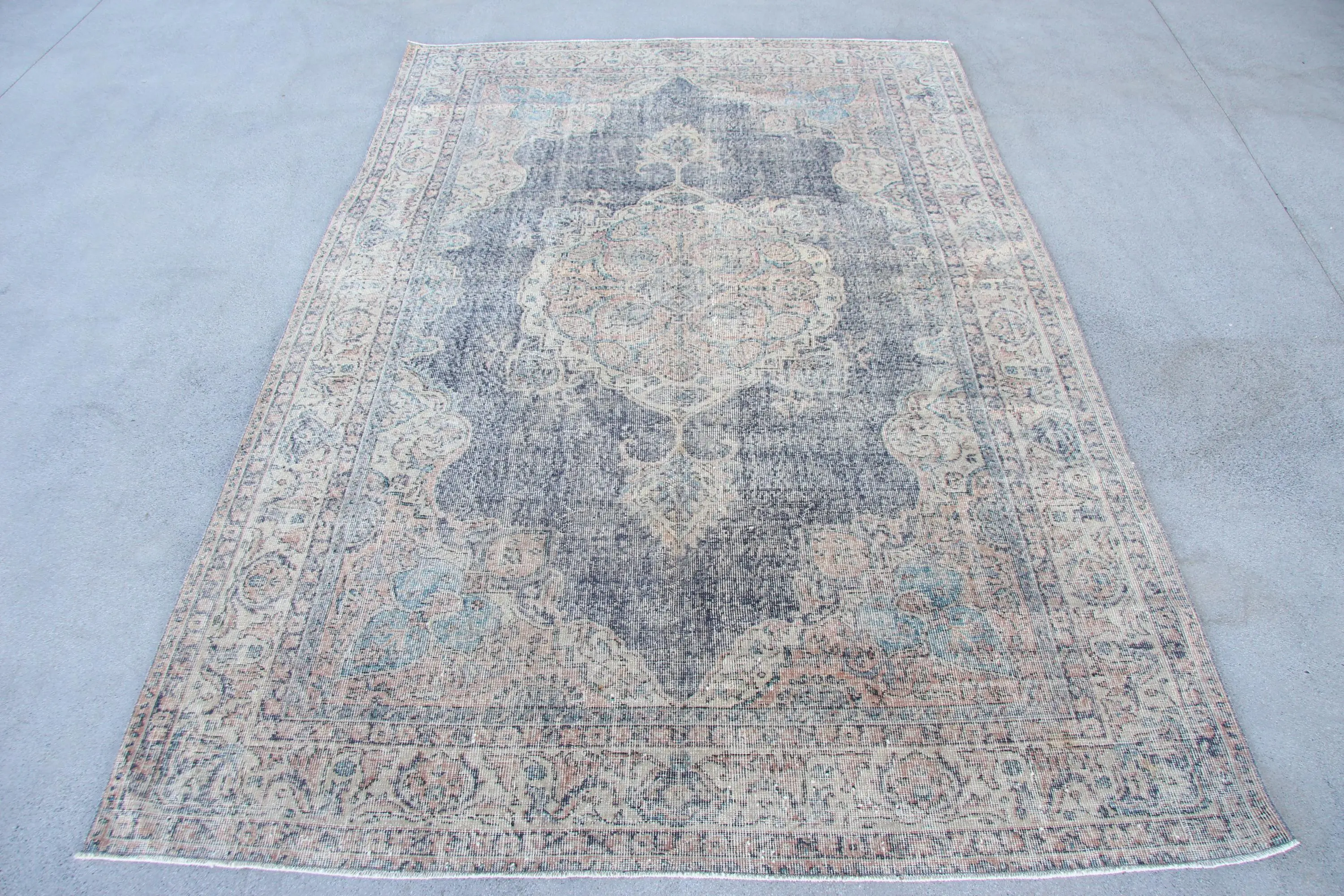 6.4x9.7 ft Türk Halısı, Vintage Halı, Mavi Soyut Yün Halı - 1