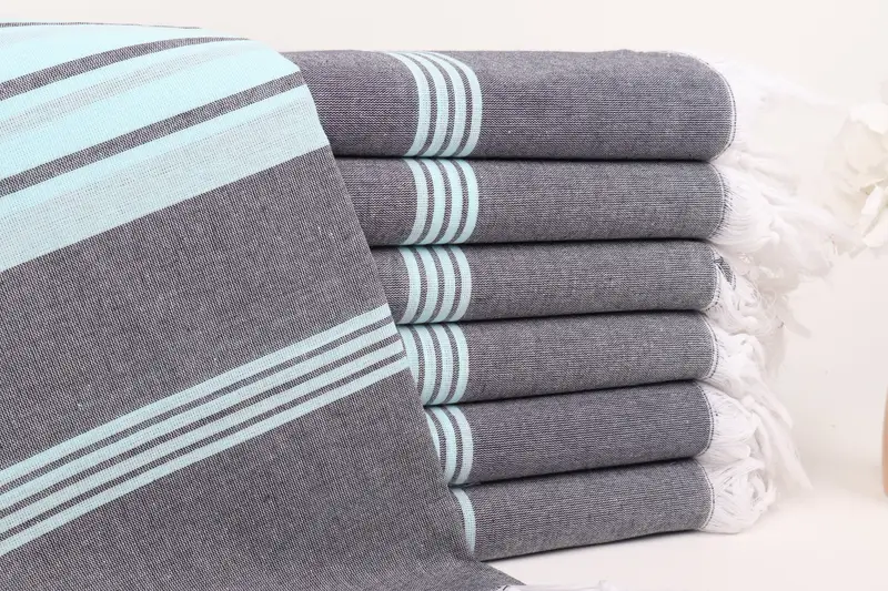 Türkisches Handtuch für den Strand, Mint-Dunkelmarine-Streifen, Bio-Baumwolle, 40 x 71 Zoll