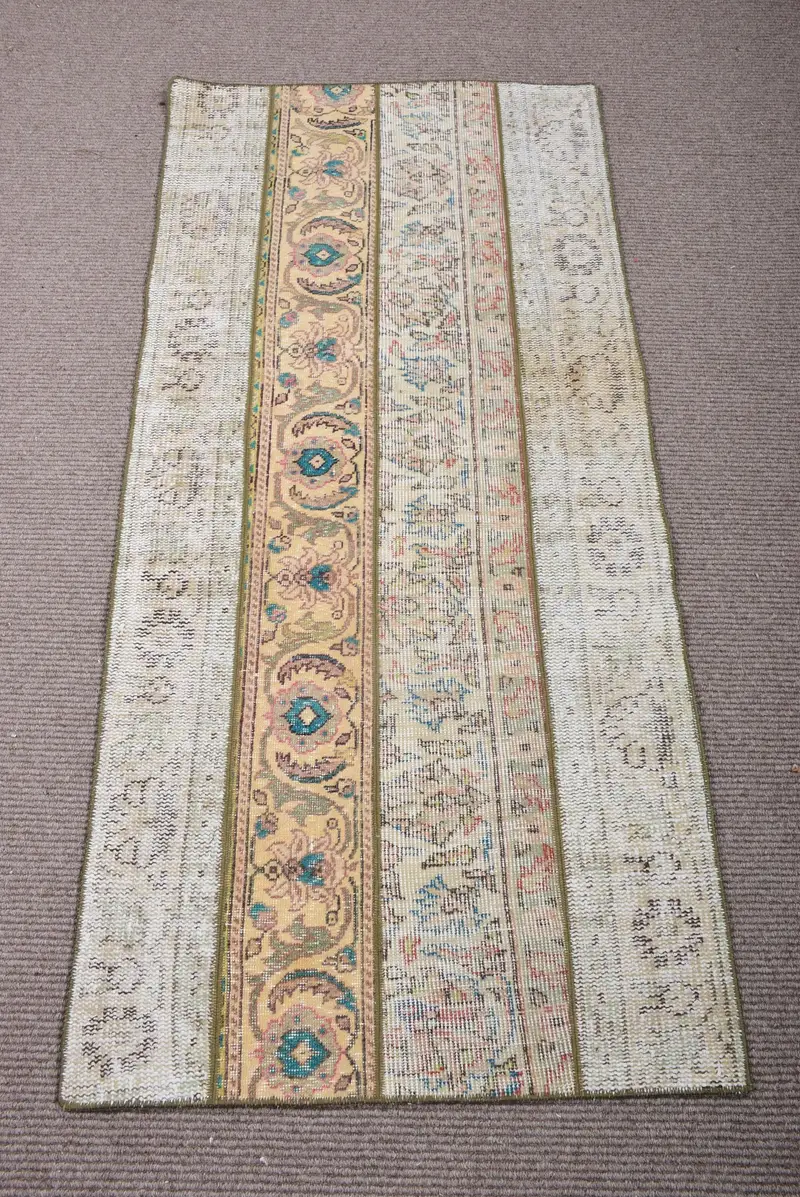 2.4x5.3 ft Vintage Small Rug, Blue Yellow Turkish Solid Wool Rug - 1