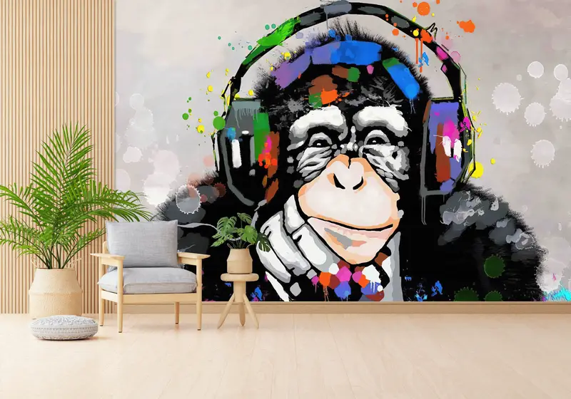 Papel pintado con estampado vibrante: Tema de amante de la música de mono de graffiti abstracto