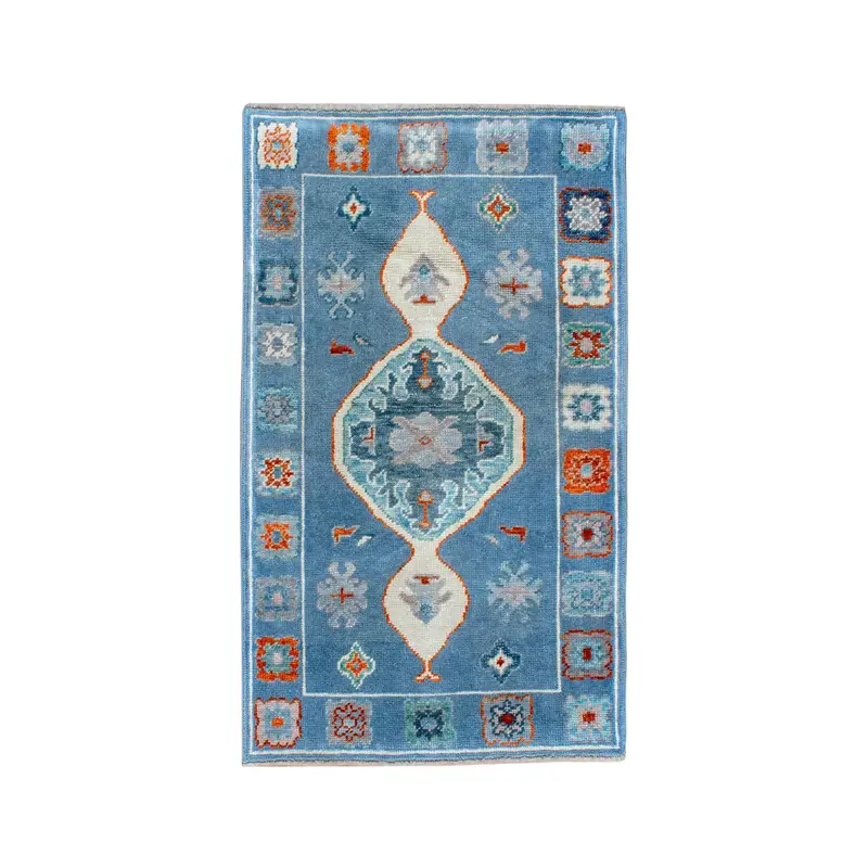 Turkish Vintage Rug, 3x5.1 ft Accent Rug, Blue Orange Solid Rug - 1