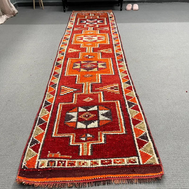 2.7x11.4 ft Rug, Vintage Herki Rug, Turkish Red Wool Floral Rug - 1