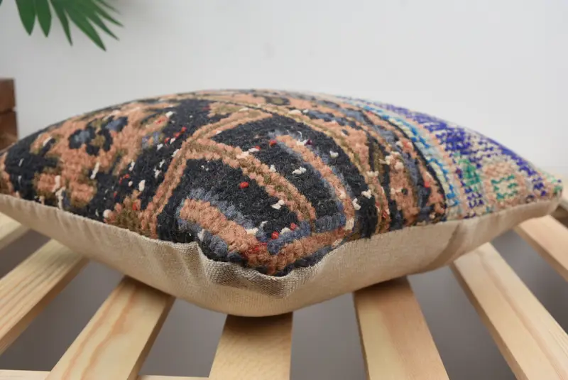 Ethnical Kilim Rug Pillow, Decorative Throw Cushion, 14x14 Blue Cushion, Vintage Kilim Pillow, Vintage Kilim Throw Pillow, Pillow Case - 4