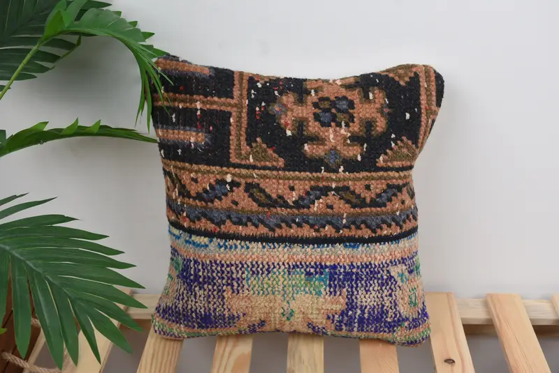 Ethnical Kilim Rug Pillow, Decorative Throw Cushion, 14x14 Blue Cushion, Vintage Kilim Pillow, Vintage Kilim Throw Pillow, Pillow Case - 1