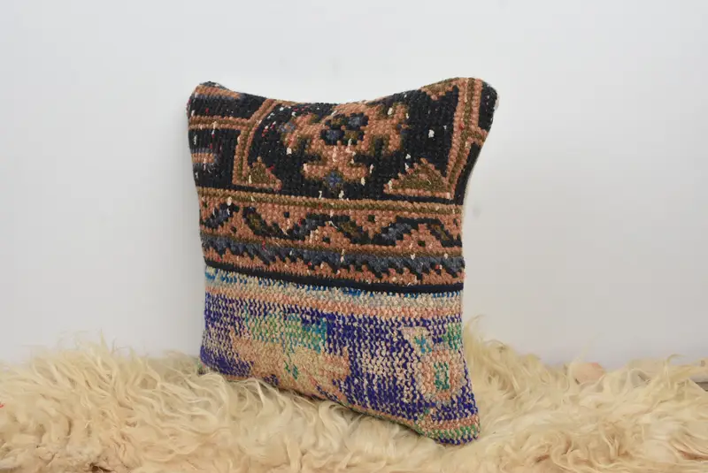 Ethnical Kilim Rug Pillow, Decorative Throw Cushion, 14x14 Blue Cushion, Vintage Kilim Pillow, Vintage Kilim Throw Pillow, Pillow Case - 7