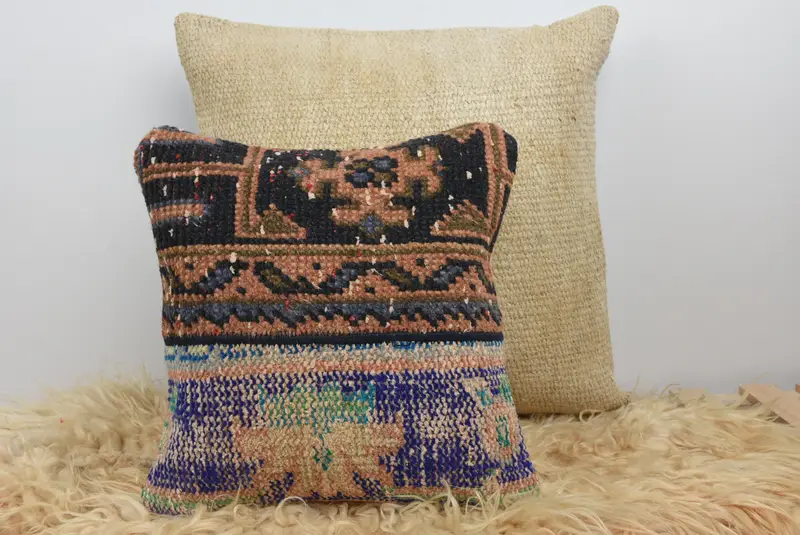 Ethnical Kilim Rug Pillow, Decorative Throw Cushion, 14x14 Blue Cushion, Vintage Kilim Pillow, Vintage Kilim Throw Pillow, Pillow Case - 6