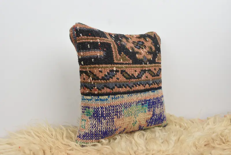 Ethnical Kilim Rug Pillow, Decorative Throw Cushion, 14x14 Blue Cushion, Vintage Kilim Pillow, Vintage Kilim Throw Pillow, Pillow Case - 8