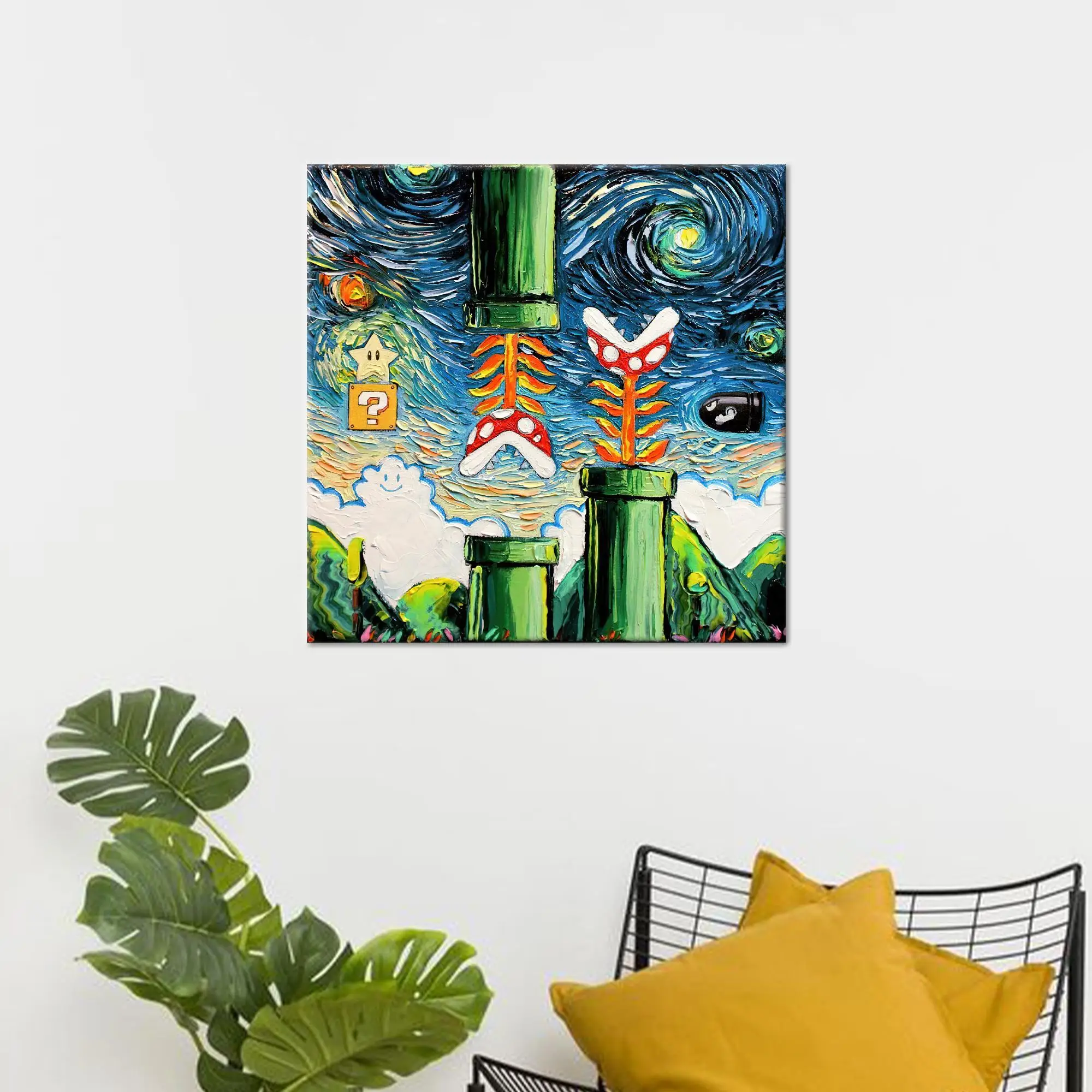 Super Mario World Starry Night Canvas - Van Gogh Gaming Room Art - 1
