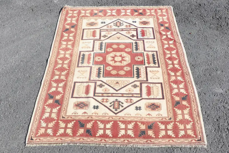 4x4.8 ft Turkish Rug, Oushak Rug, Red Animal Print Rug Wool - 1