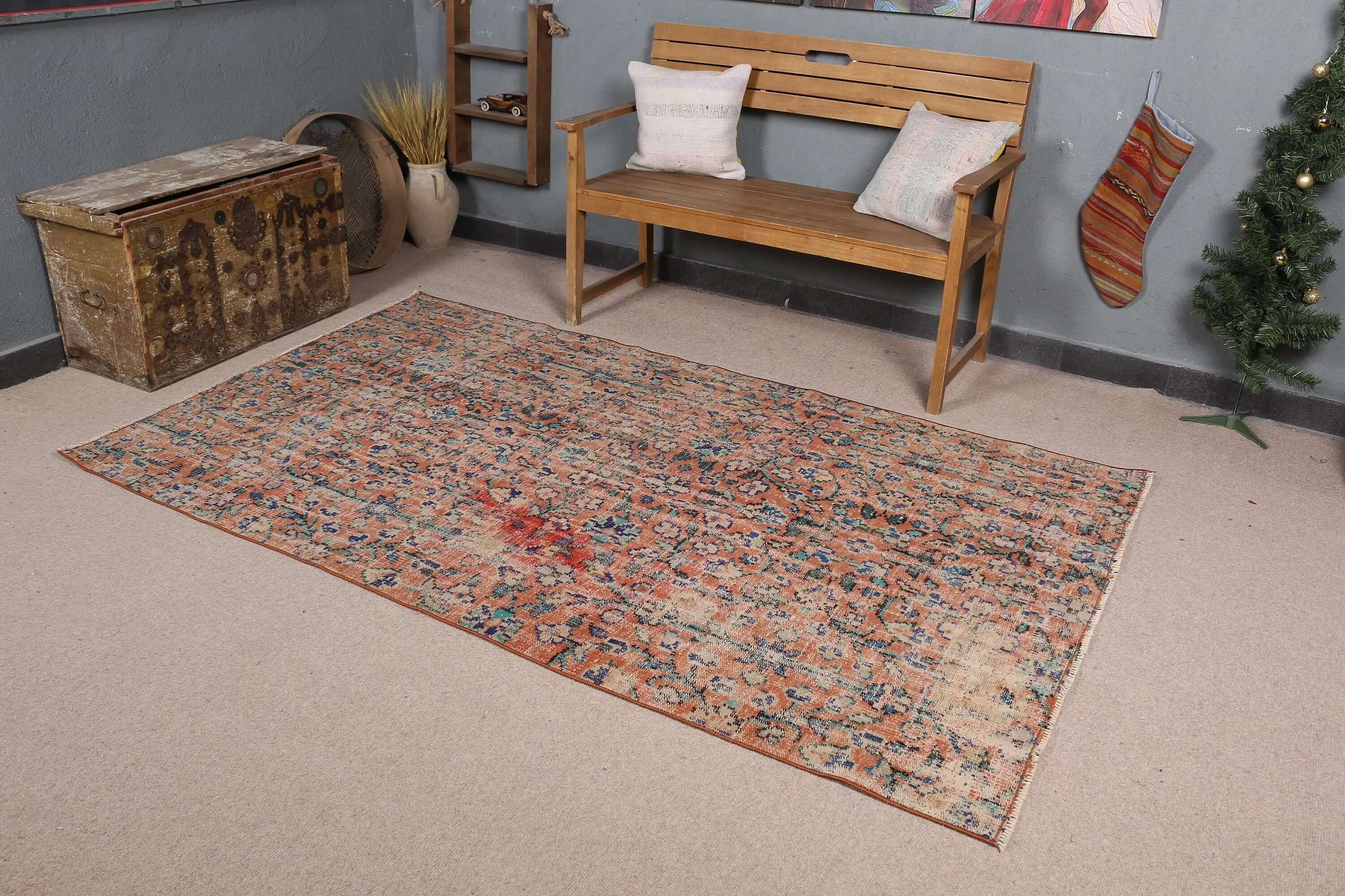 4.6x7.8 ft Vintage Rug, Turkish Area Rug, Orange Floral Wool Rug - 1