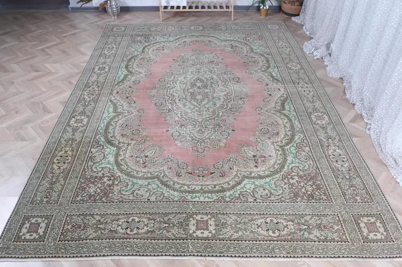 Alfombra roja y verde hecha a mano, diseño botánico de 0,7x11,7 pies