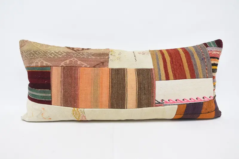 Turkish Moroccan Woven Euro Sham, FloorBrown 40x90 cm Wool Striped Cushion - 1