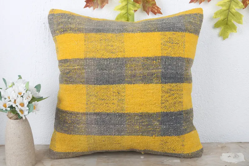 Boho Pillow, Pillow Case, Seat Cushion, Antique Pillows, 16x16 Yellow Pillow Sham, Turkish Bench Pillow Case, Home Decor Pillow - 2
