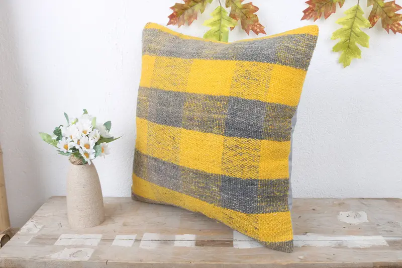 Boho Pillow, Pillow Case, Seat Cushion, Antique Pillows, 16x16 Yellow Pillow Sham, Turkish Bench Pillow Case, Home Decor Pillow - 4