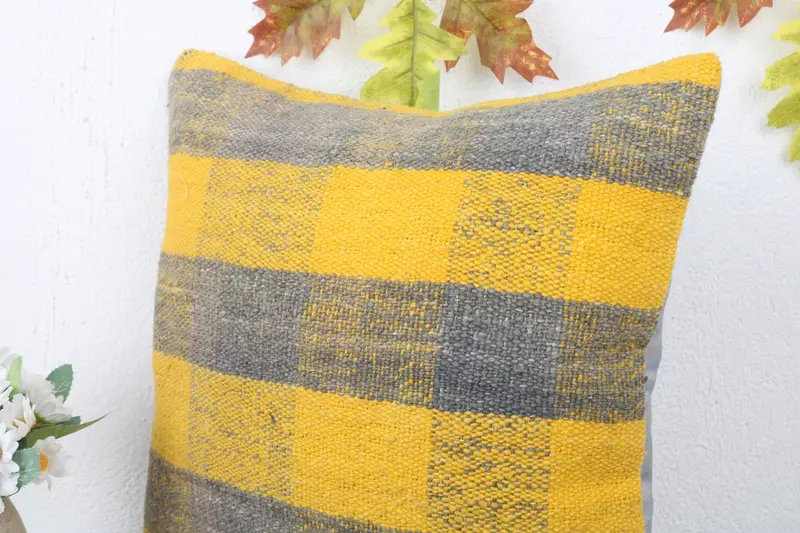 Boho Pillow, Pillow Case, Seat Cushion, Antique Pillows, 16x16 Yellow Pillow Sham, Turkish Bench Pillow Case, Home Decor Pillow - 5