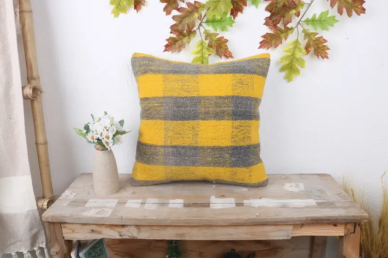Boho Pillow, Pillow Case, Seat Cushion, Antique Pillows, 16x16 Yellow Pillow Sham, Turkish Bench Pillow Case, Home Decor Pillow - 1