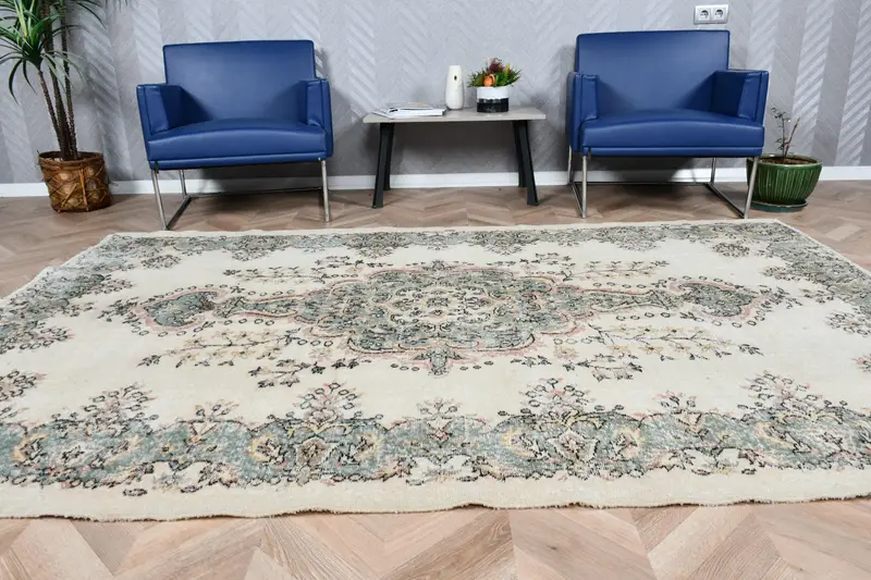 5.8x8.8 ft Halı, Türk Oushak Halısı, Vintage Yeşil Yün Çizgili Halı - 1