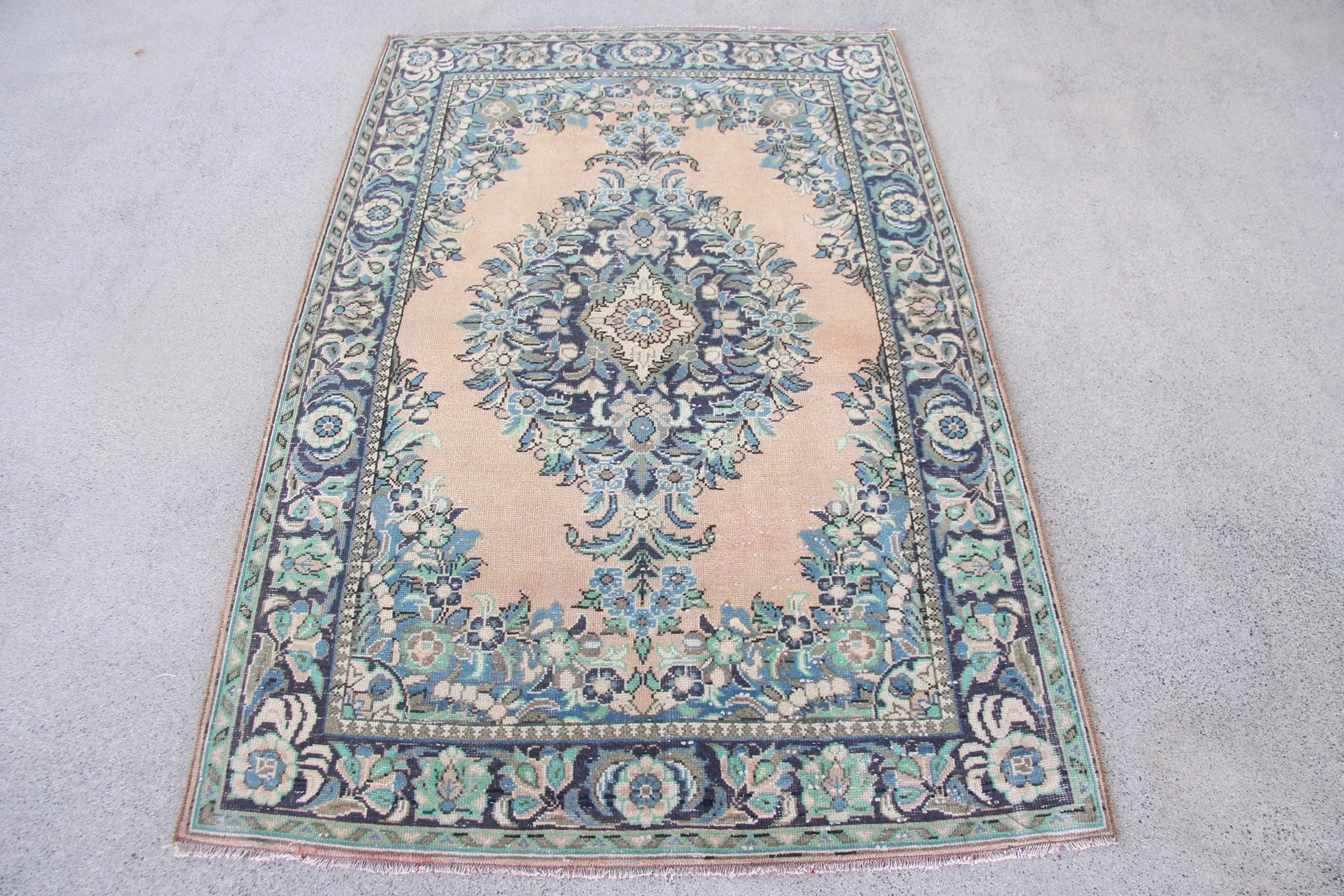 Alfombra de 3,5x5,3 pies, alfombra turca vintage, alfombra de lunares verde azul - 1
