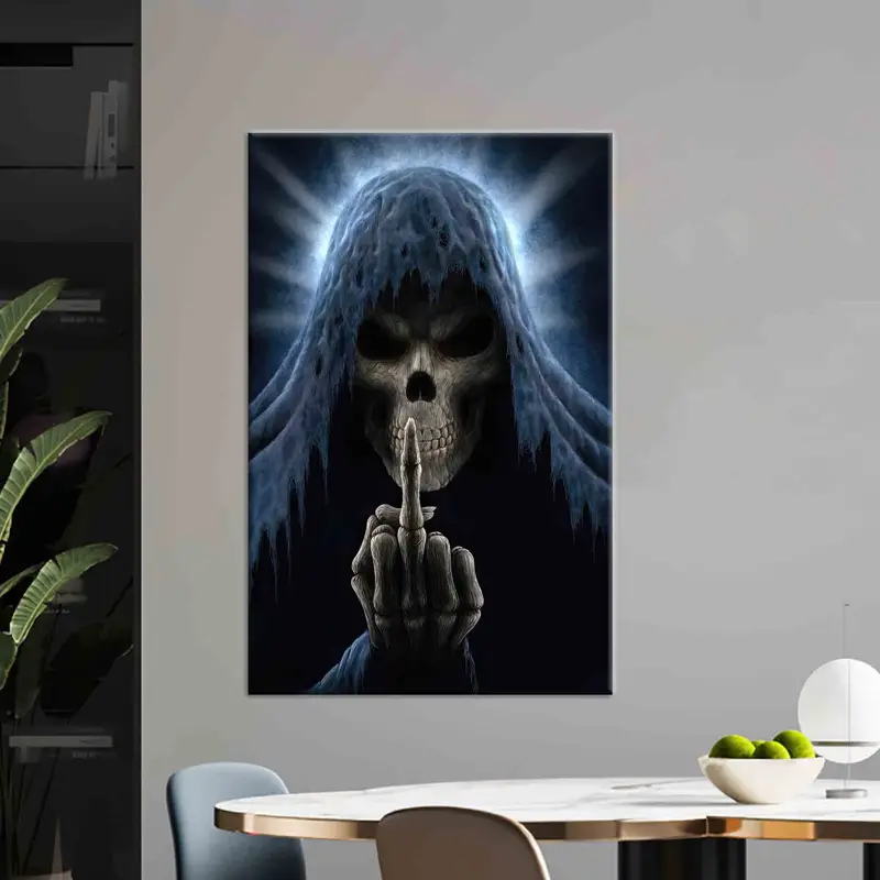 Gothic Skull Horror Canvas: Middle Finger Art for Man Cave