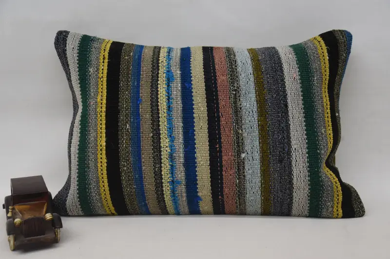 Blau & Gelb gestreiftes Kissen, handgefertigtes besticktes Kissen