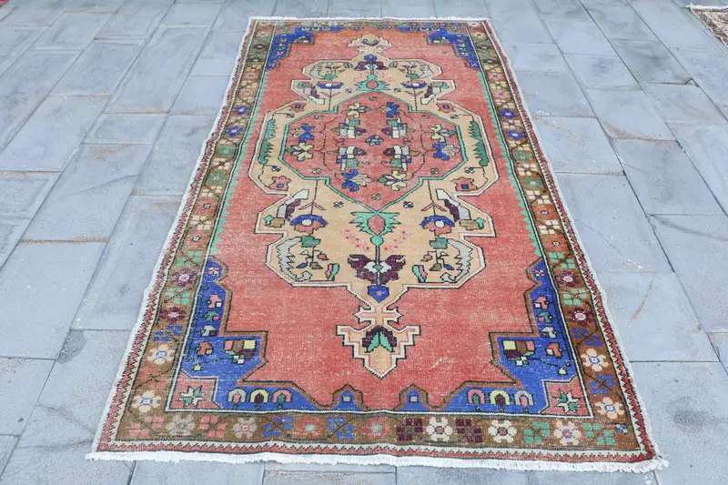 Turkish Rug, Area 4.4x8.4 ft Vintage Rug, Red Blue Moroccan Wool Rug - 1