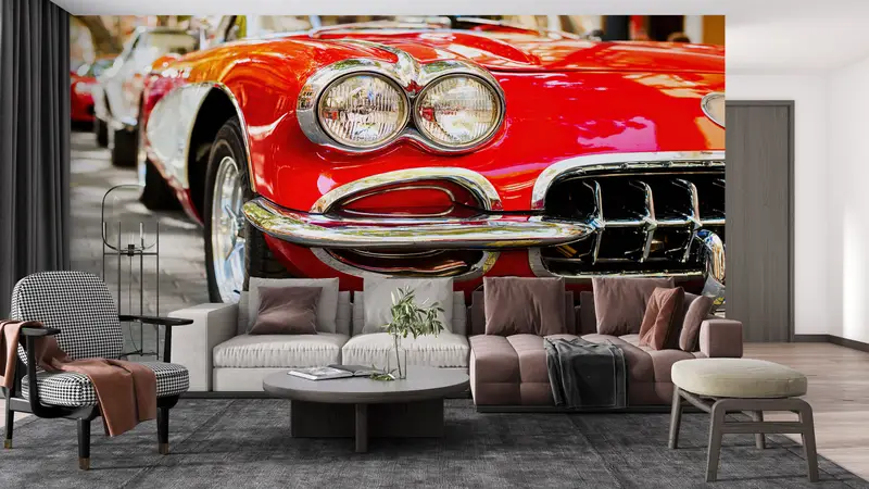 Garage Wall Painting, Car Lover Gift Wall Print, Red Car Wall Mural, Red Wall Mural, Old Car Wall Print, Retro Car Wall Print, - 5