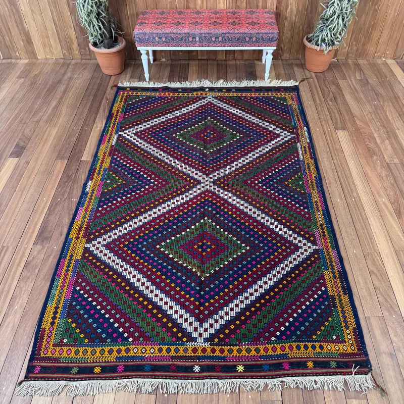 Vintage Rug, Large 5.2x8.3 ft Turkish Rug, Blue Camouflage Wool Rug - 1