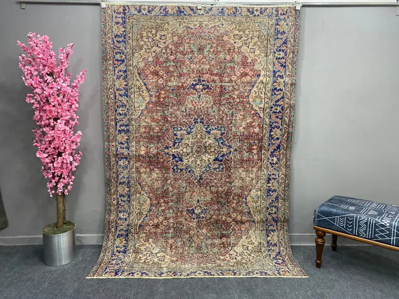 Zarif Kırmızı ve Mavi İran Halısı, 5,1x7,5 ft