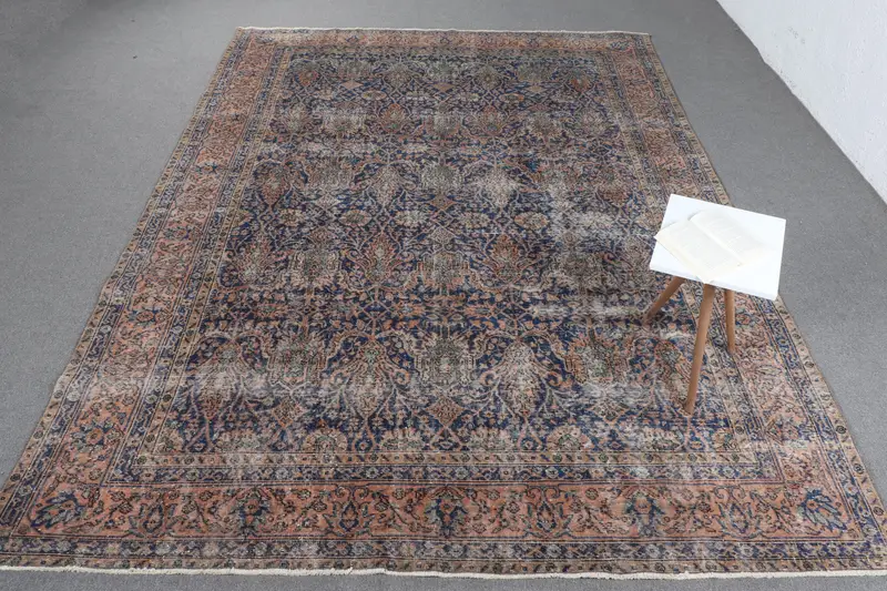 Handgefertigter blauer Blumenteppich, 6,5 x 10,9 Fuß, elegantes Dekor