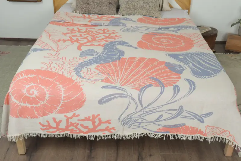 Wedding Favors, Boho Throw Blankets, 92x80 Cotton Underwater Animals Design Towel, Best Friend Christmas Gift, Organic Throw, Woven Throw Blanket - 8