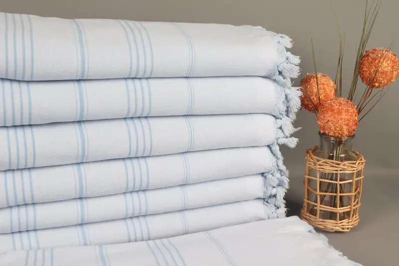 Turkish Towel Blue Striped Terry Peshtemal, Organic Cotton, 36x67 Inches