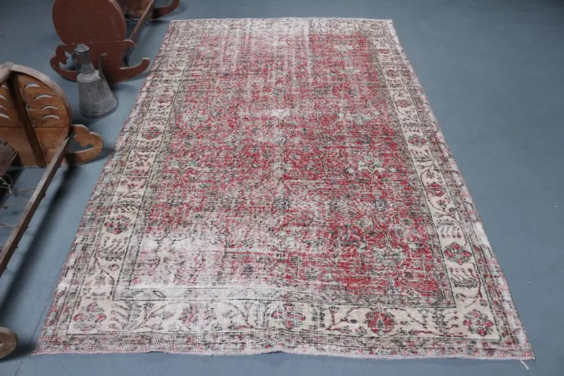 5.2x8.4 ft Oushak Rug, Vintage Turkish Rug, Red Blue Camouflage Rug - 1