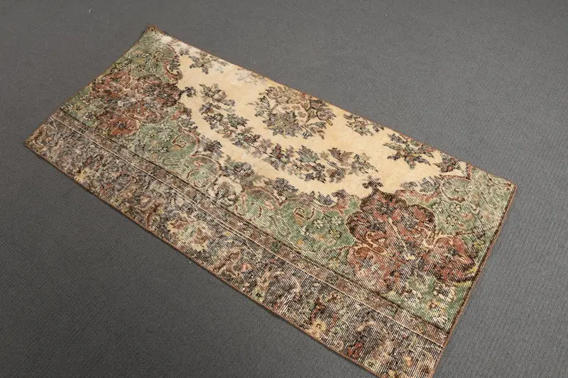 Vintage Turkish Oushak Rug 2.3x5 ft (69x152 cm), Green Floral Wool Rug - 1