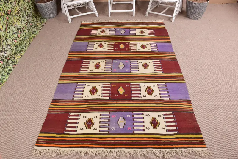5x8.4 ft Rug, Vintage Turkish Rug, Red Kilim Wool Rug - 1