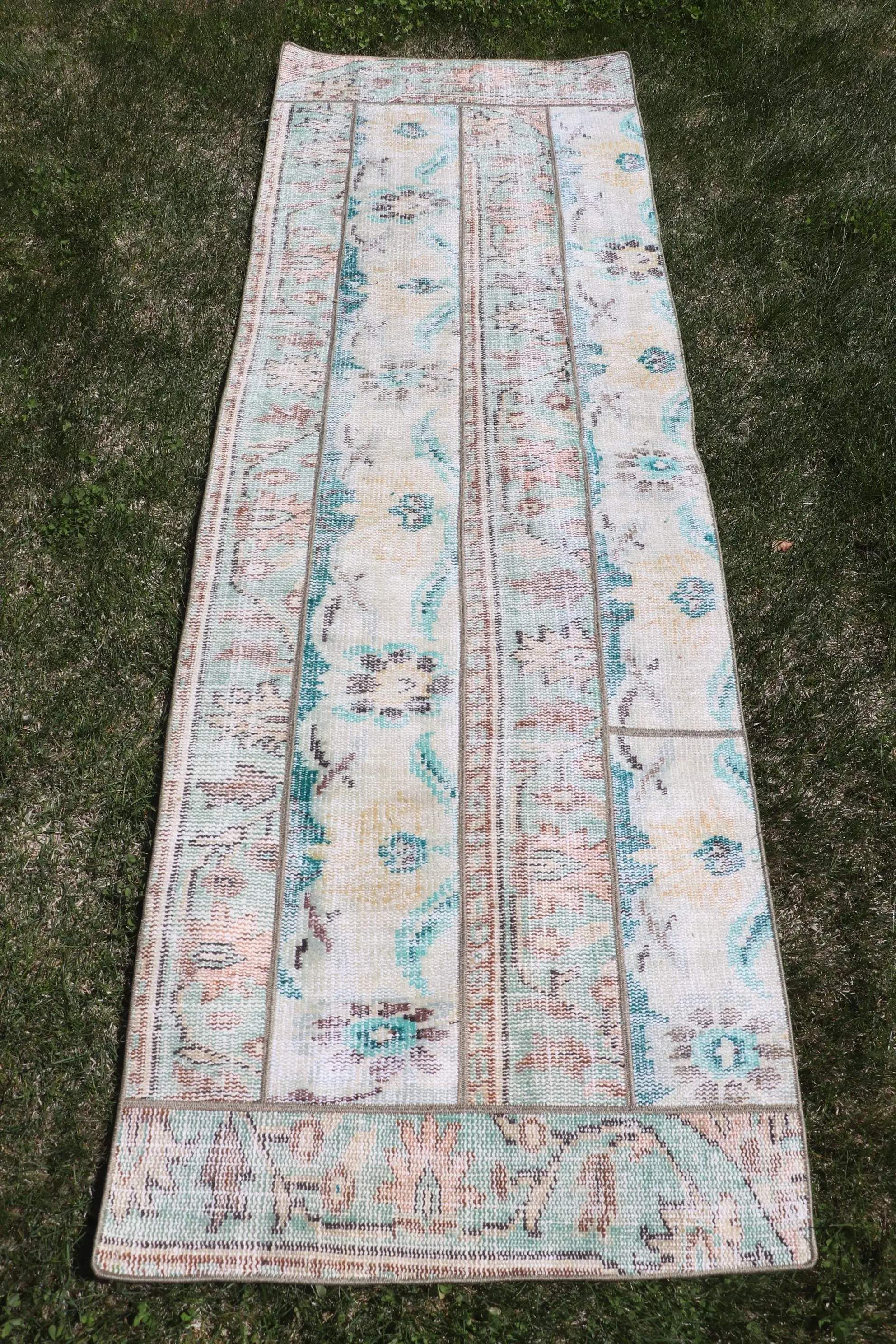 2.5x7.4 ft Vintage Rug, Turkish Runner Rug, Blue White Striped Wool Rug - 1