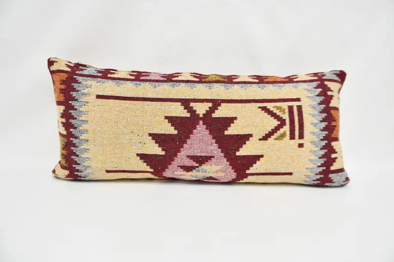 Rot & Beige besticktes Wurfkissen, 16x36 handgemachtes Kissen