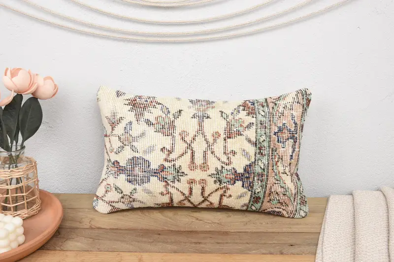 Cushion, Vintage Kilim Throw Pillow, 12x20 Beige Pillow Cover, Turkish Pillow, Throw Kilim Pillow, Hippie Throw Pillow Sham, Bench Pillow Cover - 2