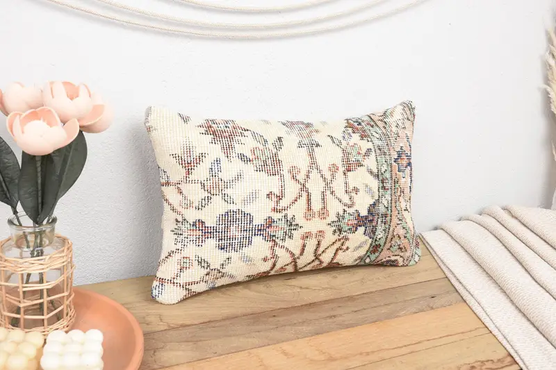 Cushion, Vintage Kilim Throw Pillow, 12x20 Beige Pillow Cover, Turkish Pillow, Throw Kilim Pillow, Hippie Throw Pillow Sham, Bench Pillow Cover - 1