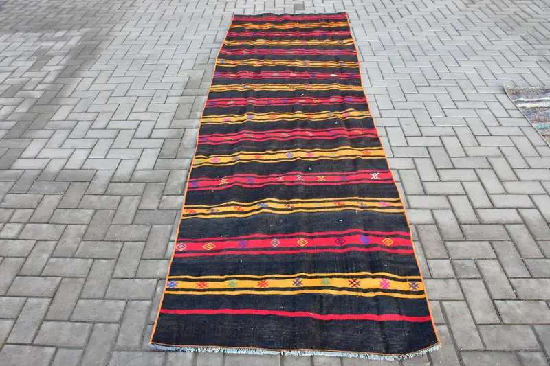 Vintage 3.4x11.4 ft Runner Halı, Türk Halısı, Kilim Siyah Patchwork Halı - 1
