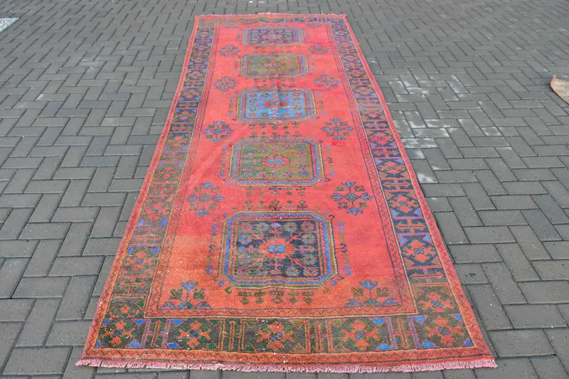 Türkischer Teppich, 4,5x11,3 ft Läufer Vintage Teppich, Oushak Rot Blau Ikat Teppich - 1