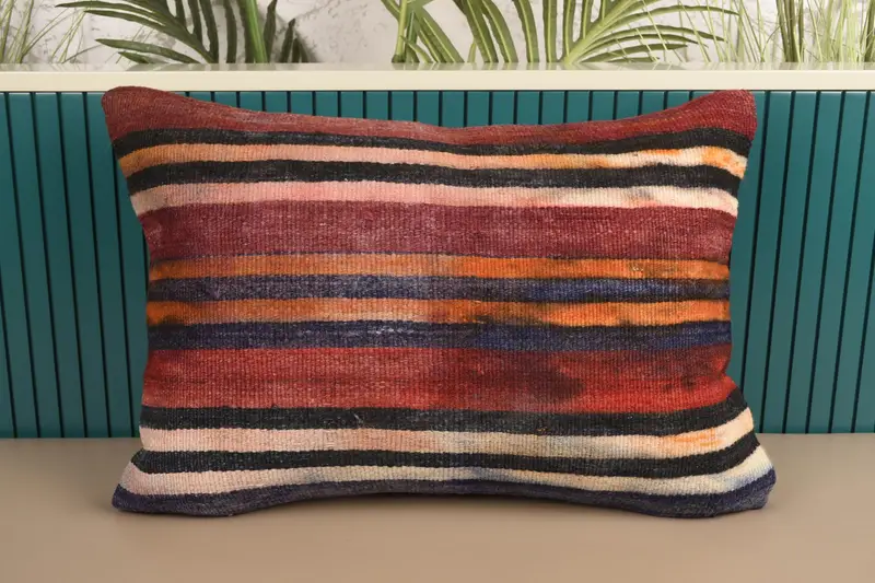 Red Turkish Pillowcase, Gift Art Deco 16x24 inch Striped Cushion Case - 1