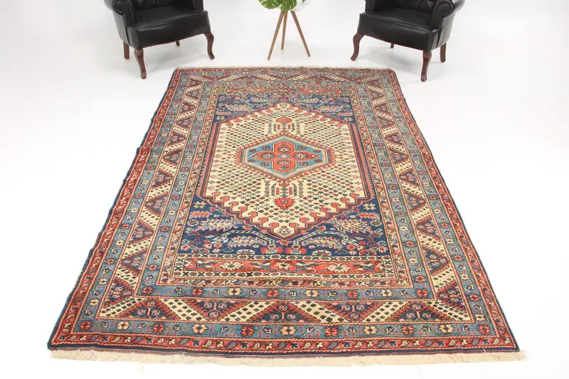 6.1x9.4 ft Large Turkish Rug, Vintage Rug, Blue Red Check Wool Rug - 1