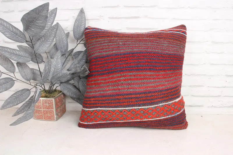 Pillow for Couch, Cushion Cover, Sofa Pillow Case, 18x18 Red Pillow Sham, Seat Cushion Case, Vintage Kilim Pillow, Handmade Kilim Cushion - 1