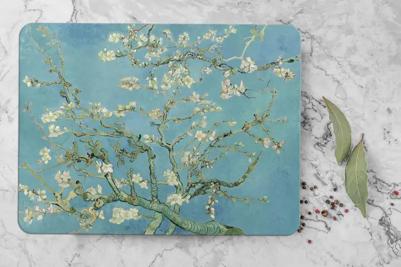 アーモンドブロッサムガラスカッティングボード、ゴッホにインスピレーションを得たデザイン